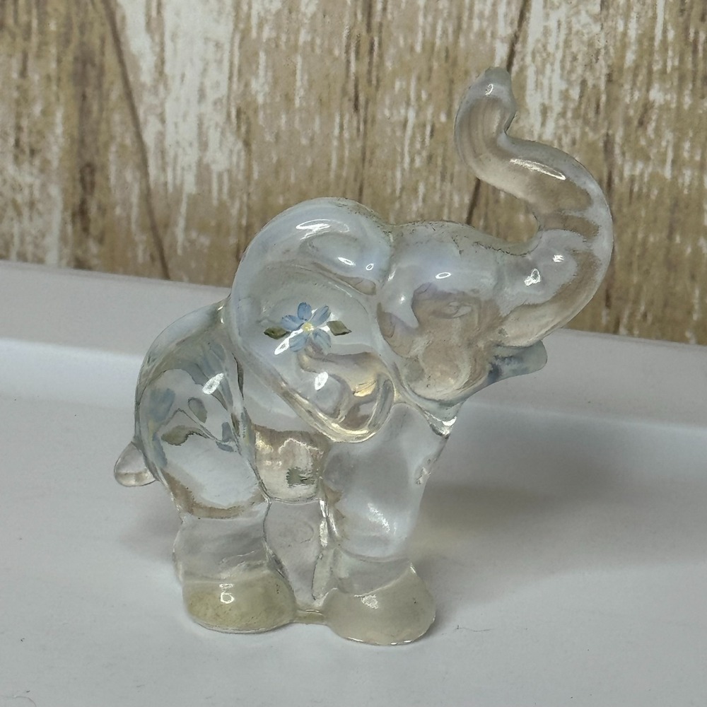 FENTON Elephant Glass Figurine Signed Clear Opalescent Hand Painted Flowers